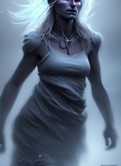 Image similar to ( hyperrealist nordic drow full body wallpaper on a windy storm planet ) by daniel f. gerhartz and matt stewart, photorealistic, dynamic lighting, bet face, very detalided body, beautiful, perfect factions, trending on artstation, poster, volumetric lighting, 4 k, award winning