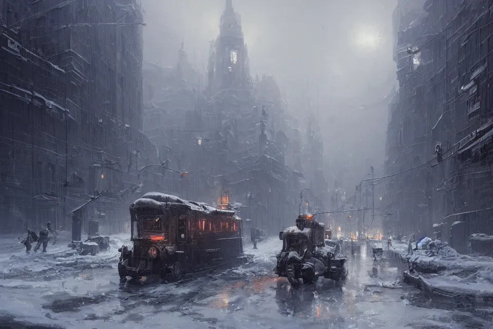 Prompt: highly detailed painting of dieselpunk stockholm, winter, snow, dystopia, by greg rutkowski, 4 k resolution, trending on artstation