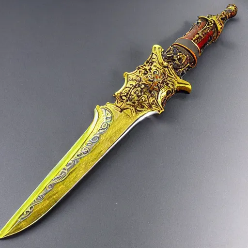 Image similar to An ornate and realistic sword,dazzling gem in the hilt,fantasy,masterwork,good lighting