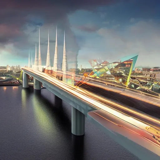 Image similar to view on vansu bridge in riga in year 2 1 0 0, futuristic, cyberpunk