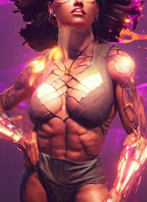 Image similar to glowwave portrait of a beautiful muscular girl's body, borderlands 3, au naturel, hyper detailed, digital art, trending in artstation, cinematic lighting, studio quality, smooth render, unreal engine 5 rendered, octane rendered, art style by klimt and nixeu and ian sprigger and wlop and krenz cushart.