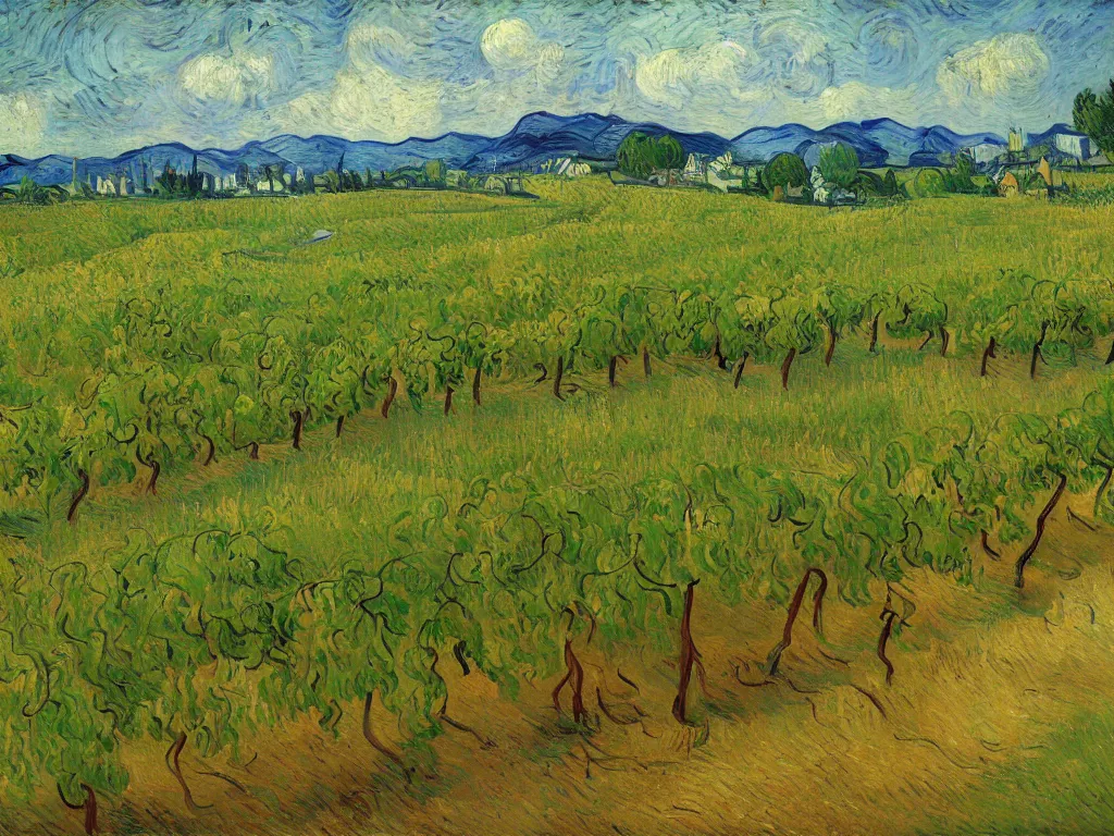 Image similar to trending on artstation, an idyllic vineyard, oil on canvas, in the style of Vincent van Gogh