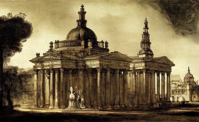 Prompt: neoclassical tower with dome next to palace and a fountain. the elegant princess is walking in this place. battle angel alita. by rembrandt 1 6 6 7, illustration