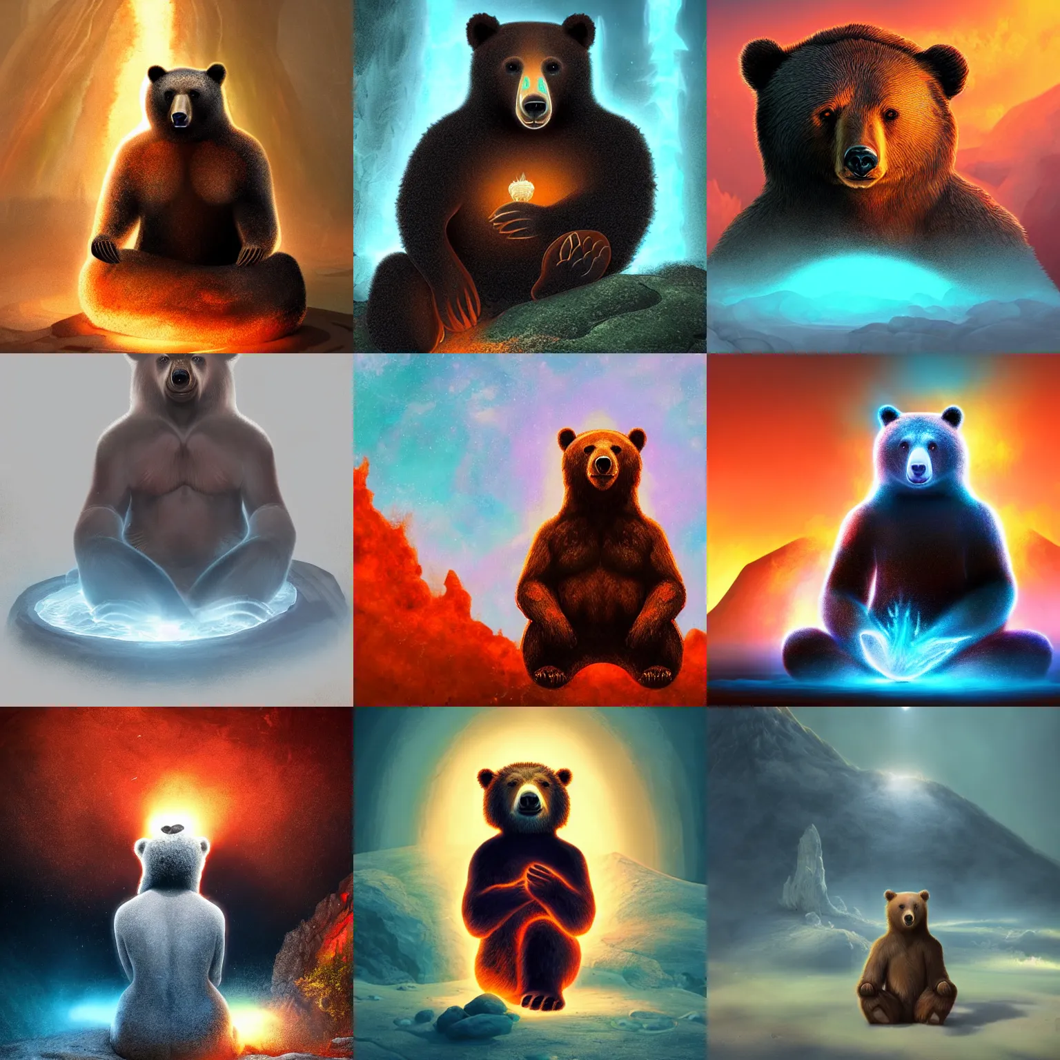 Prompt: a bear with a glowing head meditating inside an active volcano, digital painting, detailed, trending in cgsociety