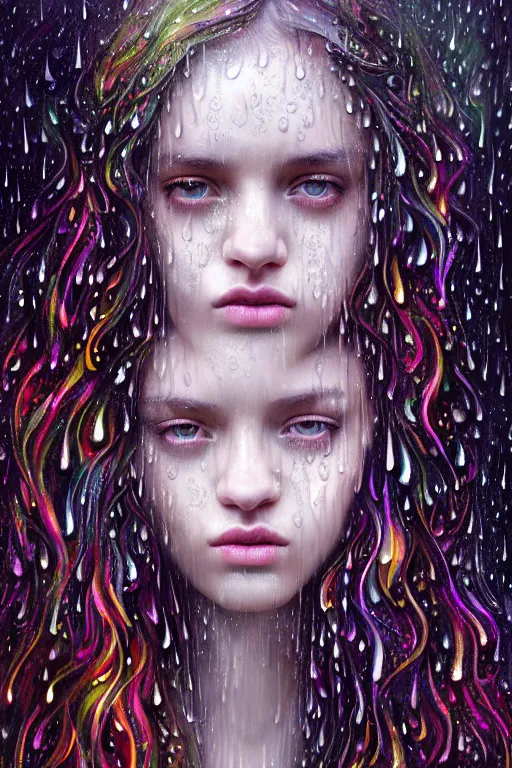 Image similar to portrait of a girl in psychedelic LSD rain with wet hair and face, fantasy, intricate, elegant, dramatic lighting, emotionally evoking symbolic metaphor, highly detailed, lifelike, photorealistic, digital painting, artstation, concept art, smooth, sharp focus, illustration, art by John Collier and Albert Aublet and Krenz Cushart and Artem Demura and Alphonse Mucha