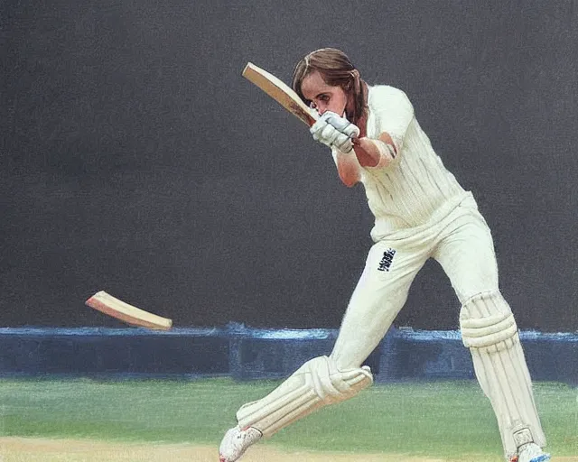 Prompt: emma watson opens the batting for england at lord's cricket ground, pil painting by greg rutkowski