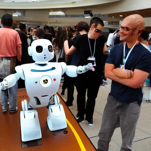 Prompt: LOS ANGELES, CA July 7 2025: Happy Open-Source Self-Aware Robot Convention, Cute Robot Wants A Hug From Attendant
