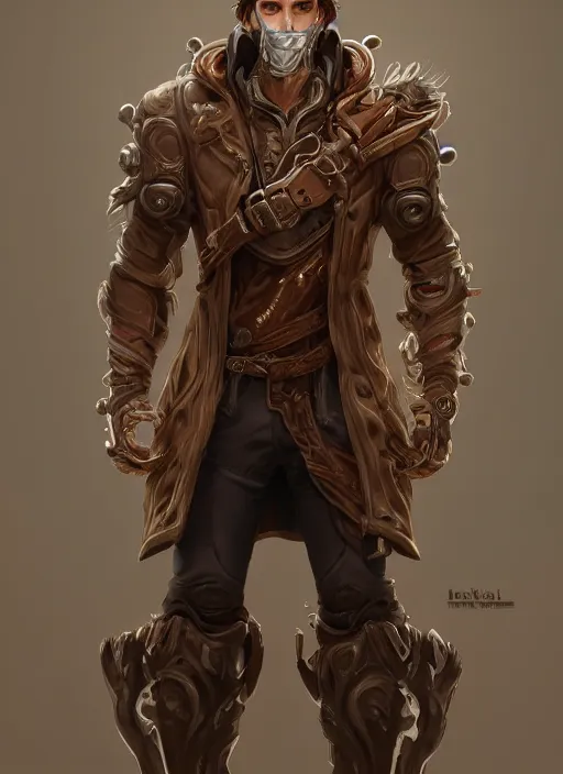 Image similar to a highly detailed illustration of thick wavy brown haired young white guy wearing brown coat and face mask, extra mechanical arms on his back, dramatic hands in pocket standing pose, intricate, elegant, highly detailed, centered, digital painting, artstation, concept art, smooth, sharp focus, league of legends concept art, WLOP