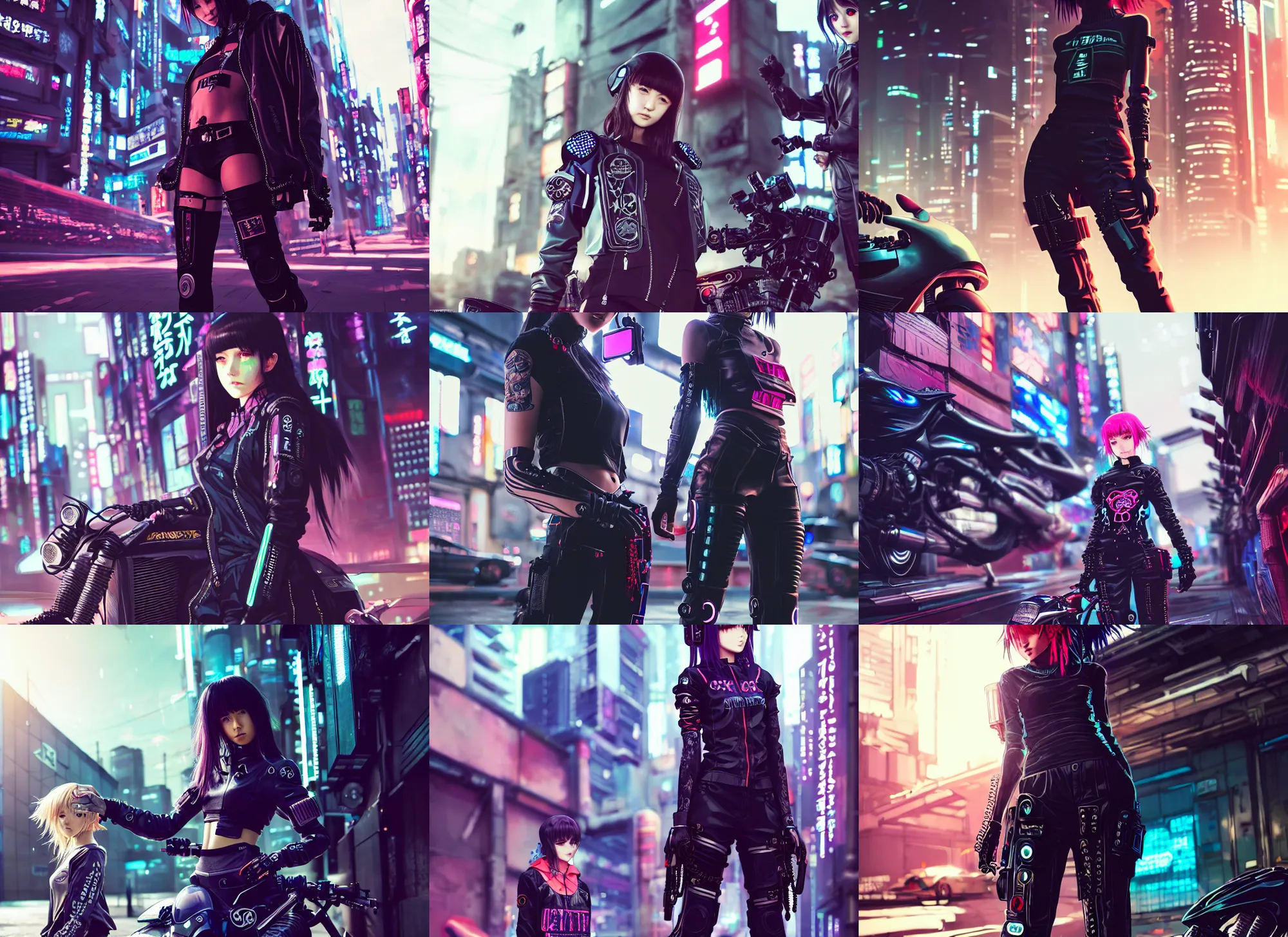 Prompt: very cool girl wearing cyberpunk intricate streetwear, posing next to a cyberpunk future motorcycle, beautiful, intricate complexity, wide angle shot by krenz cushart, kyoto animation, wlop. 4 k, beautiful, cinematic dramatic atmosphere