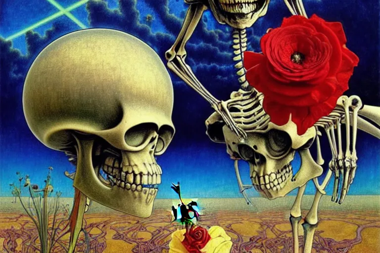 Prompt: realistic detailed portrait painting of an alien and a skeleton with a single rose wearing sci-fi helmet in a dystopian landscape by Jean Delville, Amano, Yves Tanguy, Alphonse Mucha, Ernst Haeckel, Edward Robert Hughes, Roger Dean, rich moody colours, blue eyes