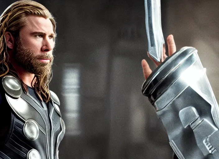 Image similar to movie still of john travolta as thor