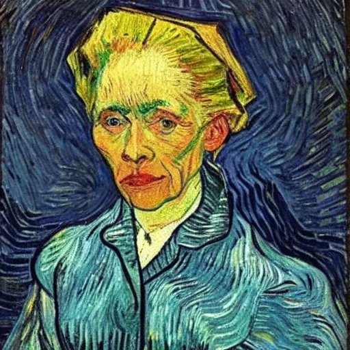 Prompt: an old white blond woman standing with a cane, around her are paintings, in the style of van gogh