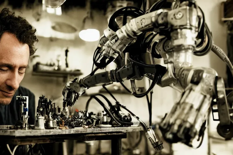 Image similar to cinematography closeup portrait of a Man soldering repairing robot parts in his garage by Emmanuel Lubezki