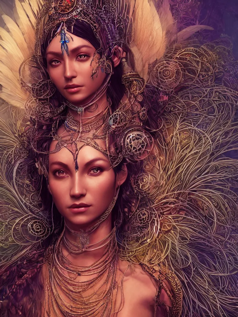 Prompt: a centered render of a single alluring mystical tribal goddess adorned with feathers and gemstones and cables and synthesizer parts is surrounded by sacred geometry made from elven architecture, full body, gorgeous, perfect face, powerful, cinematic, beautifully lit, by artgerm, by karol bak, 3 d, trending on artstation, octane render, 8 k