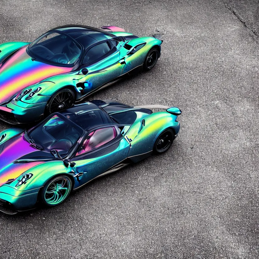 Prompt: close - up of an iridescent rainbow pagani huayra in an empty parking lot, after crashing crumpled body, smoke, melted plastic, puddles of fluid, 4 k, highly detailed, award winning, look at all that detail!