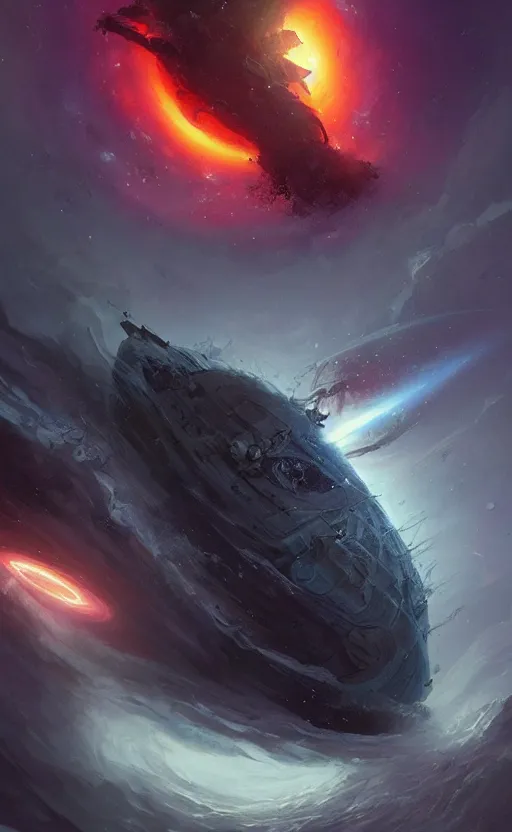 Prompt: a beautiful illustration of a black hole devouring a pirate ship in a galactic nebula, art of greg rutkowski and magali villeneuve and artgerm, featured on artstation, vertical orientation