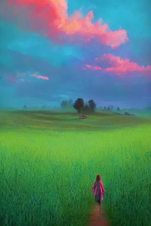 Image similar to giant corn flower head, girl walking in a green valley, surreal photography, sunrise, dramatic light, impressionist painting, colorful clouds, digital painting, artstation, simon stalenhag