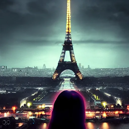 Prompt: cinematic, moody, noir, cyberpunk, future, Paris, Robot in front of Eiffel Tower, artstation