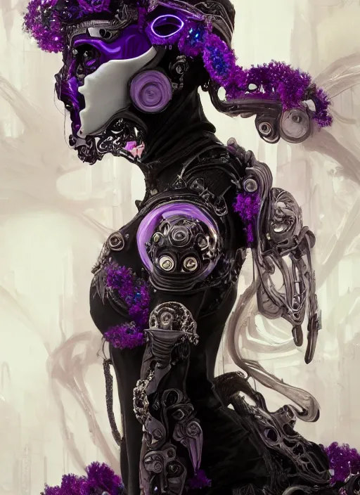 Image similar to a beautiful ornate cyborg with a white techwear mask, purple garment with art nouveau ivory accessories, dressed in black intricate lace and jewels, ethereal, misty, cyberpunk, darksynth, luxury, concept art by zeen chin, extremely detailed, artstation, andree wallin, edvige faini, alphonse mucha, 8 k, unreal engine 5