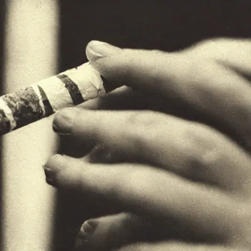 Prompt: Close-up of highly detailed hand holding cigarette with smoke, vintage photo,