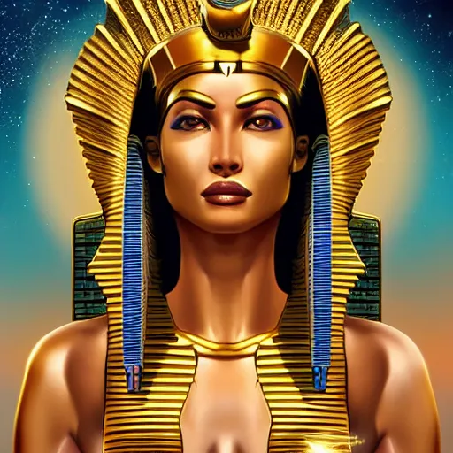 Image similar to high priestess channeling the Egyptian goddess Isis, radiant, joyful, loving, backlit, standing in a cosmic crystal temple surrounded by stars, digital art trending on artstation