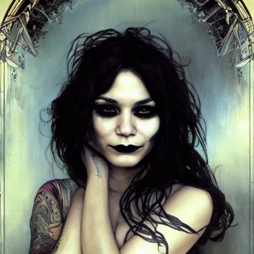 Image similar to beautiful portrait of vanessa hudgens as death from sandman, smiling, by cedric peyravernay, alphonse mucha, by jeremy mann, by lecouffe deharme, goth chic, soft lightning, eyeliner, punk rock, high detailed, 8 k