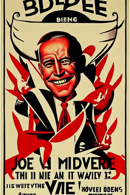 Image similar to joe biden!!!!! propaganda poster by miguel covarrubias! smile, creepy!, joe biden as satan!!! devil worshiper!!! ink print press, ww 2 poster,, iconic, masterpiece, ornate and detailed, propaganda, award winning