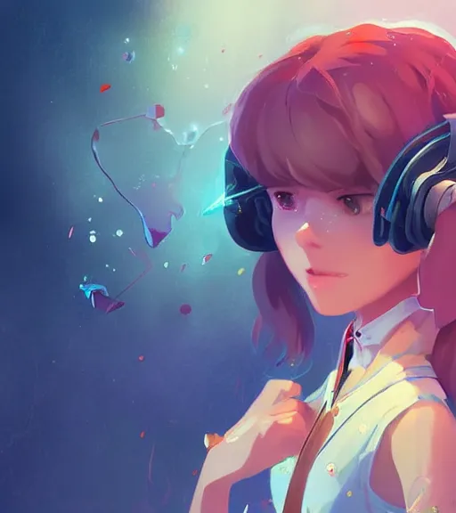 Image similar to beautiful little girl character inspired by 9 0's fashion and by madeline from celeste, art by rossdraws, wlop, ilya kuvshinov, artgem lau, sakimichan and makoto shinkai, concept art, headphones, anatomically correct, extremely coherent, realistic, smooth hd