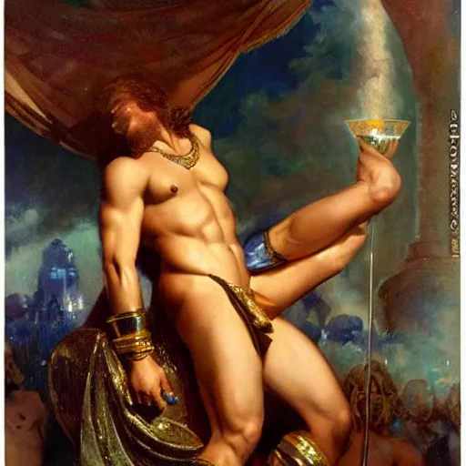 Image similar to muscular zeus wears leather and drinks martinis at a celestial dance club and falls in love with the handsome god jupiter, painting by gaston bussiere, craig mullins, j. c. leyendecker, tom of finland