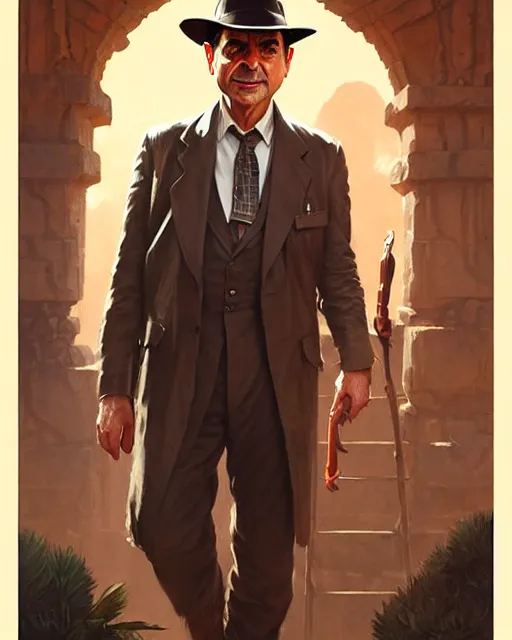 Prompt: rowan atkinson as indiana jones, suave looking, fine details, realistic shaded lighting poster by greg rutkowski, magali villeneuve, artgerm, jeremy lipkin and michael garmash and rob rey