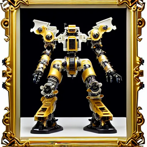 Image similar to mecha carved obsidian mechanical exoskeleton wearing hardsurface armour, inlaid with ivory and gold accents, rococo, by spider zero, frank gehry, jeff koons, bandai box art, in the style of john berkey, norman rockwell, ivan shishkin