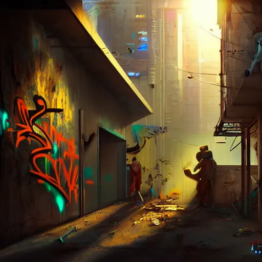 Image similar to graffiti on a wall in a run down building, happy mood, cyberpunk, futuristic, technilogy, high detail, golden light, realistic