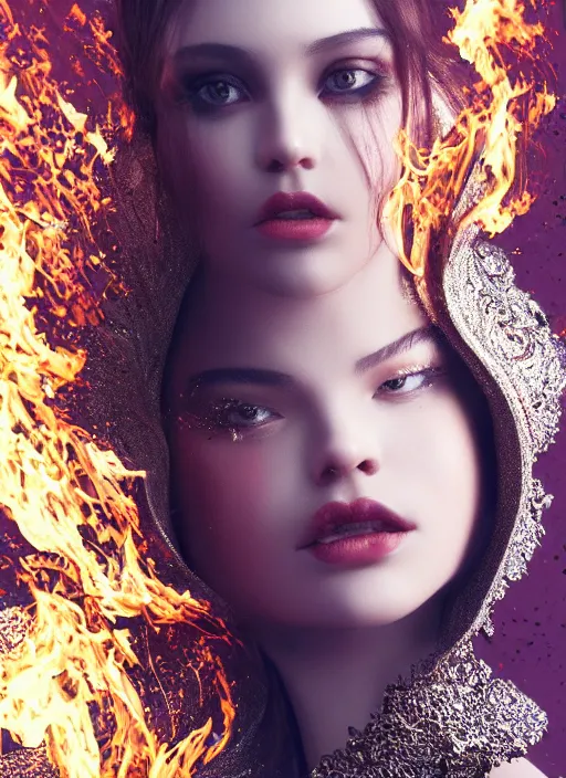 Image similar to 3d fashion portrait with fire, female, future, torch, flame, harper's bazaar, vogue, fashion magazine, intricate, concept art, close up, ornate, luxury, elite, elegant, trending on artstation, by ruan jia, by Kenneth Willardt, by ross tran, by WLOP, by Andrei Riabovitchev,