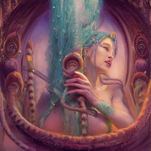 Image similar to birth of mami wata, sumerian goddess inanna ishtar, ashteroth, techno mystic goddess princess intergalactica, with aqua neon rapunzel dreadlocks, mami wata, detailed, by gaston bussiere, bayard wu, greg rutkowski, giger, maxim verehin, greg rutkowski, masterpiece, sharp focus,