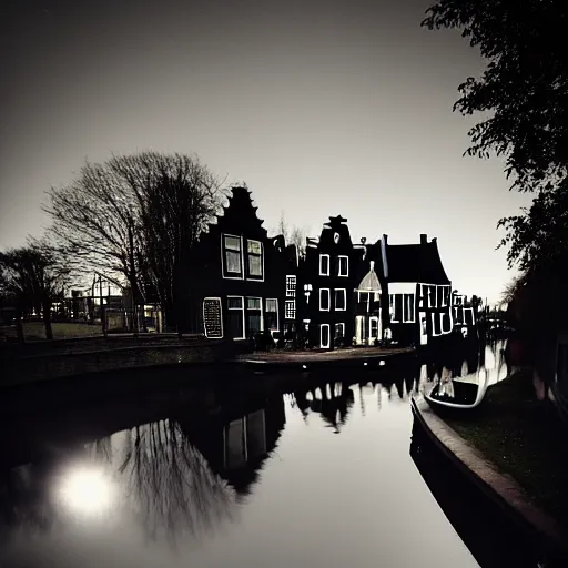 Prompt: Dutch houses along a river, silhouette!!!, Circular white full moon, black sky with stars, lit windows, stars in the sky, b&w!, Reflections on the river, a man is punting, flat!!, Front profile!!!!, (high contrast), HDR, soft!!, street lanterns, 1904, illustration, shadowy figures