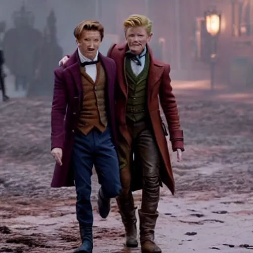 Image similar to newt scamander walking hand in hand with baby groot from guardians of the galaxy, film still from the movie, directed by david yates