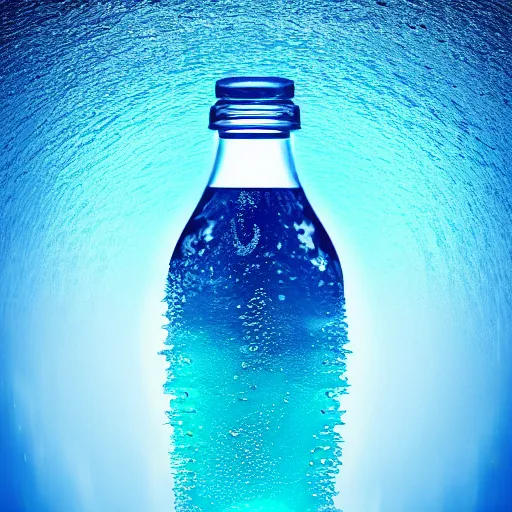 Image similar to water artwork in the shape of a human head stuffed in a bottle, on the ocean water, futuristic, glowing, gradient, hyper realistic, ray tracing, realistic water, sharp focus, long shot, 8 k resolution, cinematic, photoshop water art