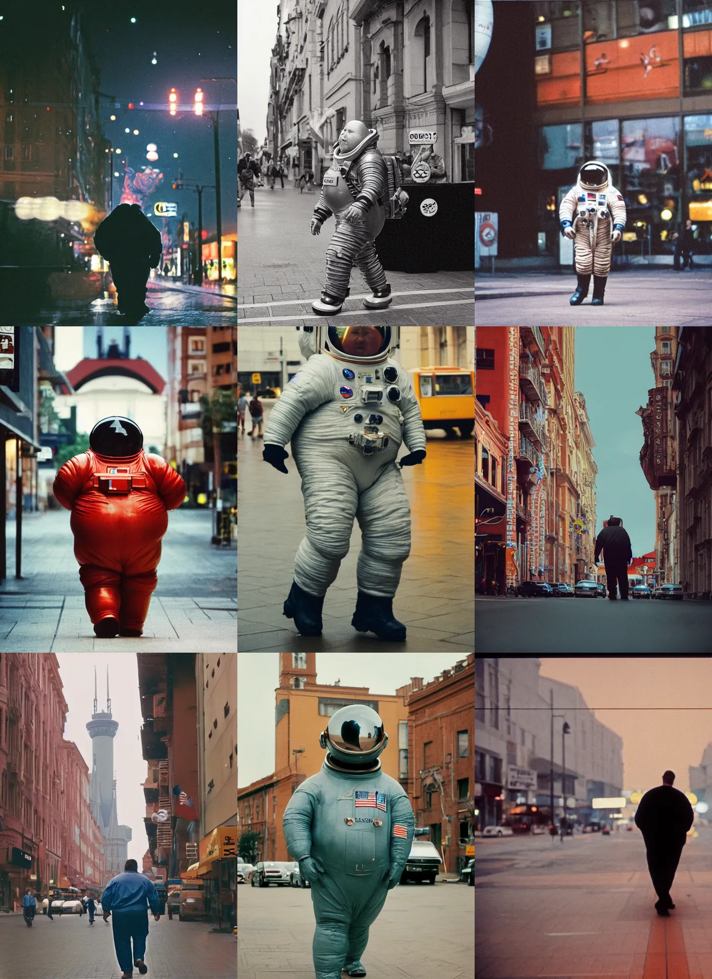 Prompt: a 3 5 mm kodachrome photo of a enormous towering chubby american astronaut in spacesut walking in legnica, splash art, movie still, bokeh, canon 5 0 mm, cinematic lighting, dramatic, film, photography, depth of field, award - winning, backlighting, overcast, 8 k, hyper detailed, 3 5 mm film grain