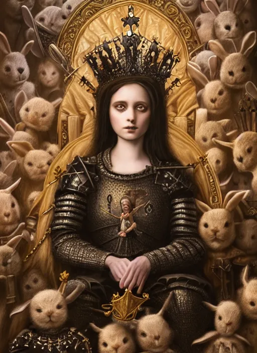 Image similar to highly detailed closeup portrait of a goth fairytale joan of arc wearing a crown and sitting on a throne, surrounded by cutr bunnies, unreal engine, nicoletta ceccoli, mark ryden, earl norem, lostfish, global illumination, god rays, detailed and intricate environment