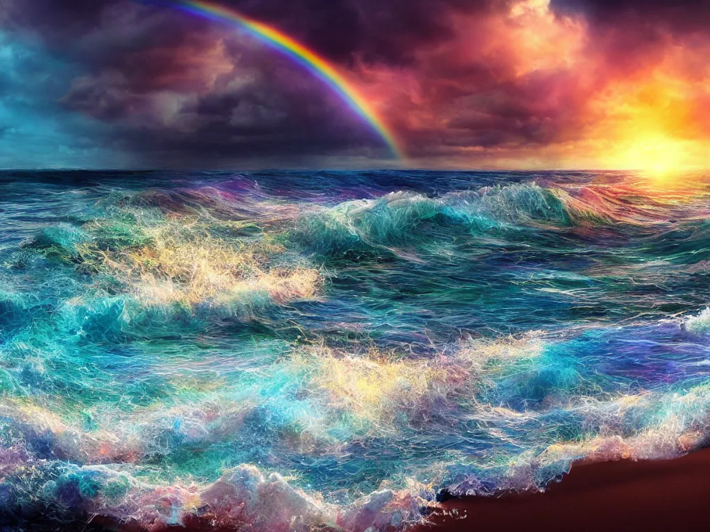 Image similar to Stunning dreamy rainbow colored stormy waves on beach full of blue sand and crystal gems, avatar, sunny rainbow galaxy stormy sea, cinematic, sunset, hyper-realistic, high resolution, concept art, artstation