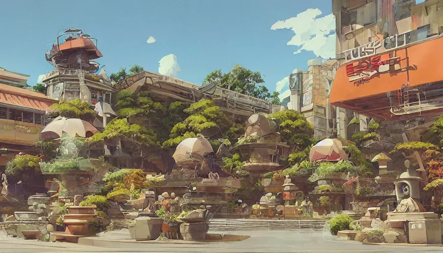 Prompt: “ craig mullins and studio ghibli illustration of 1 9 8 0 s shopping mall, lush landscape, 1 9 8 0 s pop culture landscape, big fountains, unreal engine, hyper realism, realistic shading, cinematic composition, realistic render, octane render, detailed textures, photorealistic, wide shot ”