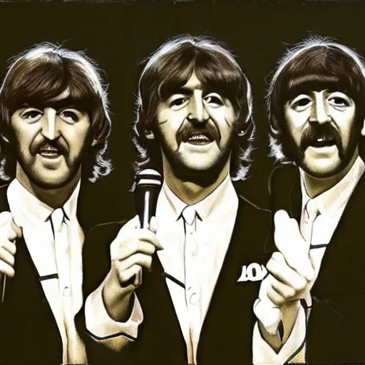 Prompt: portrait of The Beatles performing onstage except they are actual bees with faces like bees