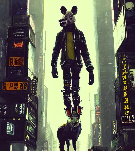 Image similar to new york city portrait icon of furry anthro anthropomorphic spotted hyena head animal person fursona wearing clothes strange cybernetic metal muzzle gloomy rainy screenshot from the video game cyberpunk 2077 digital art by Greg Rutkowski, Simon Stalenhag, christopher nolan trending on Artstation, CGSociety, Bladerunner 2049