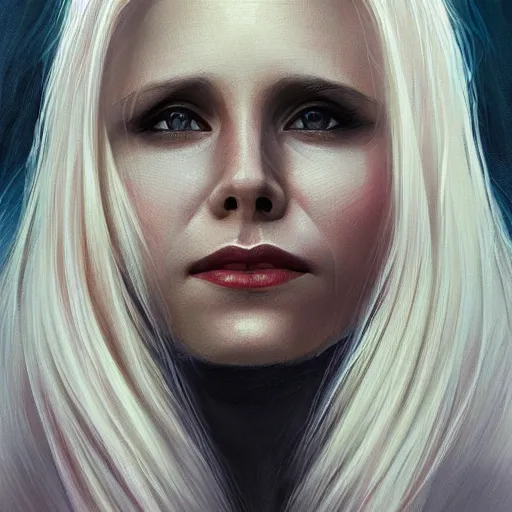 Prompt: woman with blonde hair like kristen bell, portrait, oil painting, intricate complexity, rule of thirds, trending on pixiv, by Charlie Bowater, 8k character concept, dramatic lighting