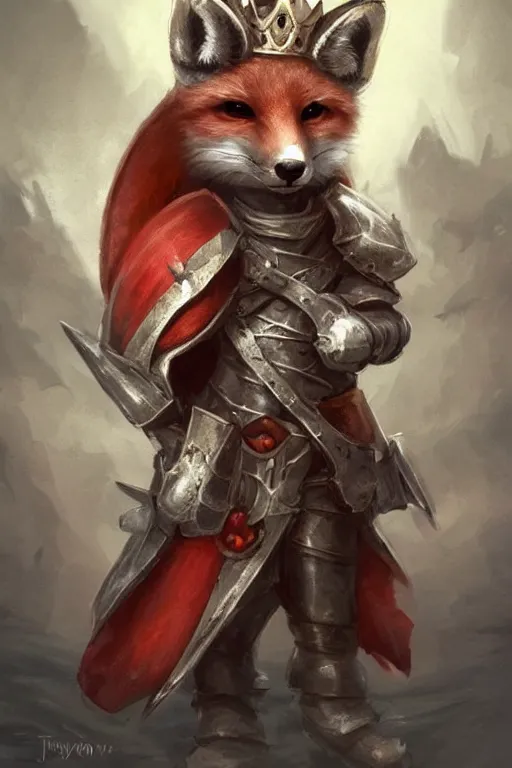 Image similar to cute little anthropomorphic foxy knight wearing a cape and a crown, tiny, small, miniature fox, baby animal, short, pale blue armor, cute and adorable, pretty, beautiful, DnD character art portrait, matte fantasy painting, DeviantArt Artstation, by Jason Felix by Steve Argyle by Tyler Jacobson by Peter Mohrbacher, cinematic lighting