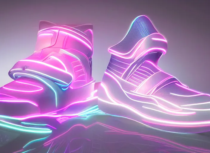 Prompt: futuristic generative design sneakers with neon lights in the style of cyberdog, product shot, dynamic lighting