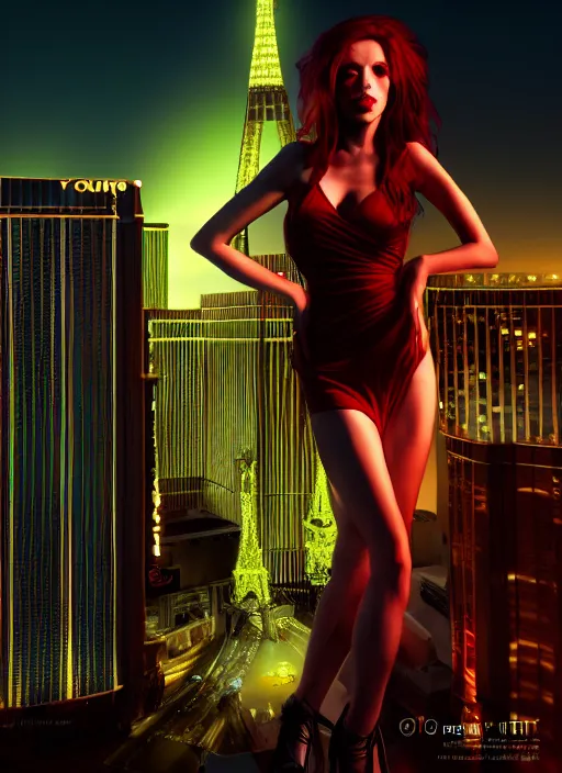 Image similar to full body portrait, vampire queen in background of las vegas at night, highly detailed, CGsociety, subtle, concept art, HDR, hyper realistic, volumetric lighting, subsurface scattering, unreal