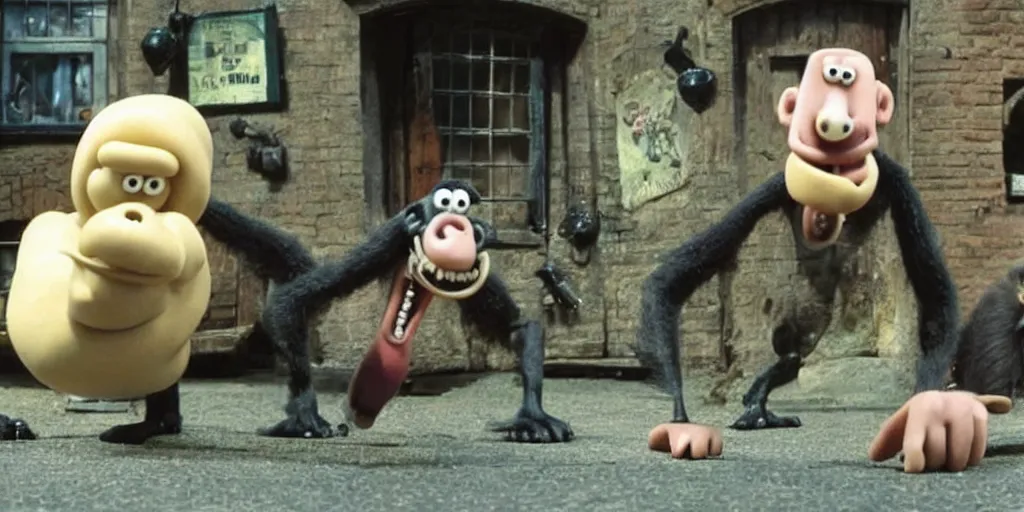 Image similar to still from Wallace and Gromit of a gorilla scaring everyone