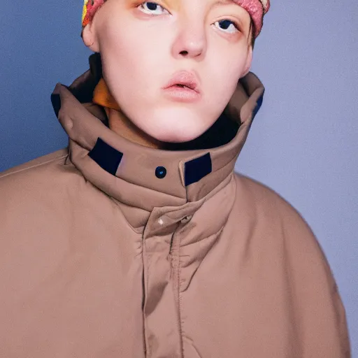 Image similar to realistic photoshooting for a new acne studio lookbook, color film photography, close up, model is wearing a puffer jacket, photo of a woman, photo in style of tyler mitchell, 3 5 mm, vetements, balenciaga, commes des garcon