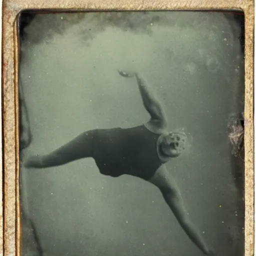 Image similar to tintype photo, swimming deep underwater, blob